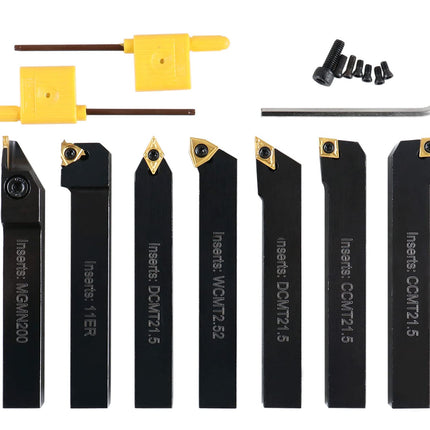 Buyohlic 7 Pieces Carbide Turning Tool Set Indexable Lathe Turning / Grooving / Threading Tool-1/2" Shank with Tin Coated Carbide Inserts Turning insert