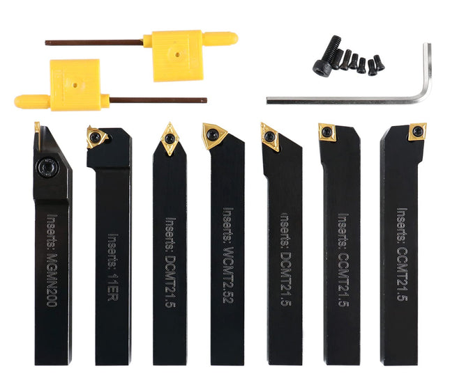 Buyohlic 7 Pieces Carbide Turning Tool Set Indexable Lathe Turning / Grooving / Threading Tool-1/2" Shank with Tin Coated Carbide Inserts Turning insert