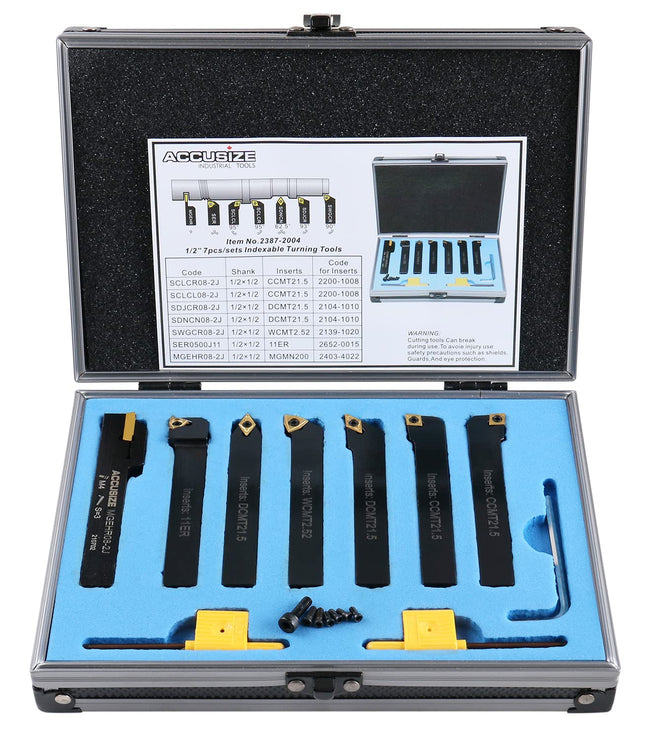 Buyohlic 7 Pieces Carbide Turning Tool Set Indexable Lathe Turning / Grooving / Threading Tool-1/2" Shank with Tin Coated Carbide Inserts Turning insert