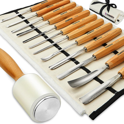 Buyohlic Wood Carving Tools, 12-Piece Wood Whittling Kit with Mallet and Canvas Case Woodworking Chisel Set for Beginners and Professionals