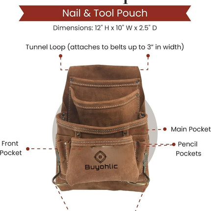 Heavy-Duty Suede Carpenter's Tool & Nail Bag – 10-Pocket Construction Pouch, Dark Tan