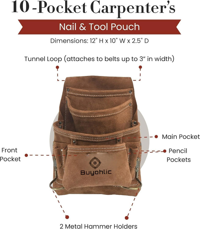 Heavy-Duty Suede Carpenter's Tool & Nail Bag – 10-Pocket Construction Pouch, Dark Tan