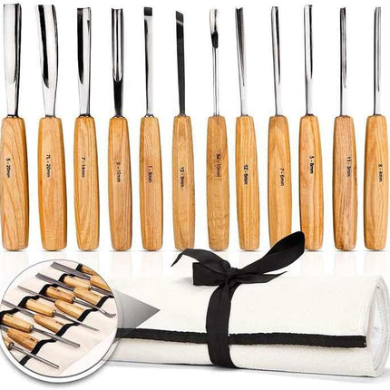 Buyohlic Wood Carving Tools, 12-Piece Wood Whittling Kit with Mallet and Canvas Case Woodworking Chisel Set for Beginners and Professionals