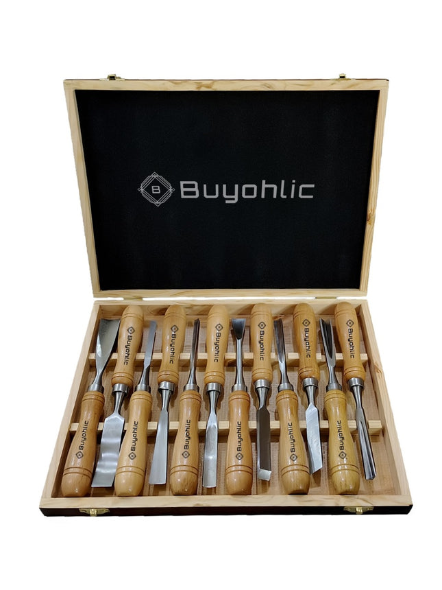 Buyohlic 12-Pieces Woodworking Wood Chisel Set with Wooden Box Razor Sharp CR-V 60 Steel Blades